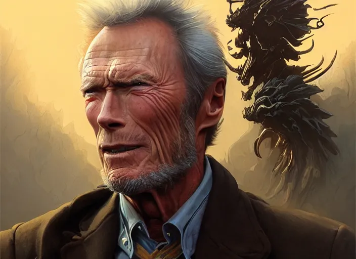 Prompt: clint eastwood as oscar diggs, intricate, d & d, wizard, fantasy, art nouveau, digital painting, trending on artstation, sharp focus, wide shot, illustration, global illumination, ray tracing, art by artgerm and greg rutkowski and ruan jia