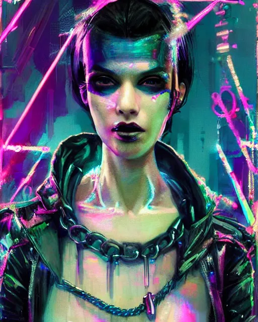 Image similar to portrait of Punk girl, standing hair line, chains, pierced, tattoed Sheen Holographic Futuristic sci-fi fashion cyberpunk, (neotokyo), synthwave, (aesthetics), futuristic, bladerunner movie scene by ismail inceoglu dragan bibin hans thoma greg rutkowski Alexandros Pyromallis Nekro Rene Margitte illustrated Perfect face, fine details, realistic shaded, fine-face, pretty face ((sharp chine))