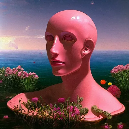 Image similar to award winning masterpiece with incredible details, a surreal vaporwave vaporwave vaporwave vaporwave vaporwave painting by Thomas Cole of an old pink mannequin head with flowers growing out, sinking underwater, highly detailed