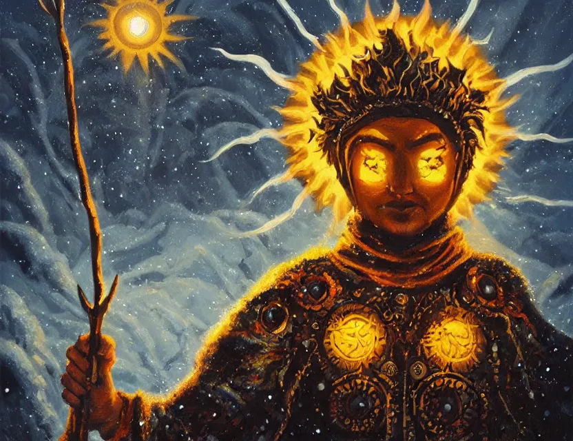 Prompt: sun priest of the snowy mountains. oil painting by underground comic book artist, chiaroscuro, intricate details, bokeh, backlighting, field of depth, safe for work