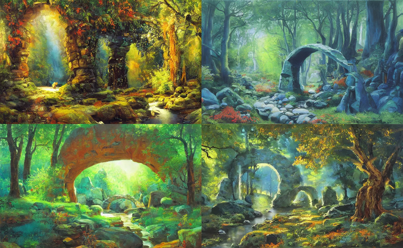 Prompt: stone arch in the deep enchanted forest, fantasy painting by Karl Gustav Rodde and Ben Aronson