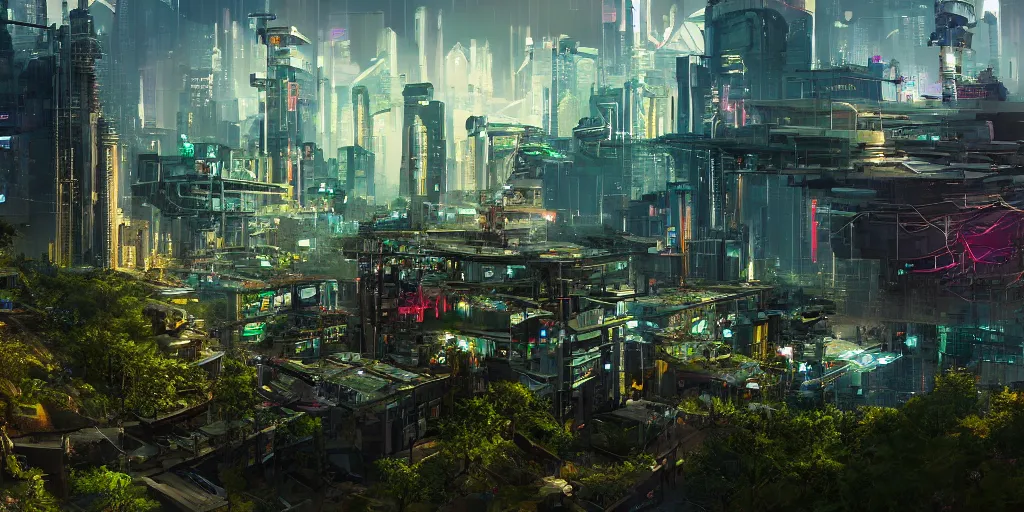 Image similar to a cinematic composition depicting : a computer run cyberpunk and solarpunk world, viewed from the cyberpunk mountain overlooking a hopeful and lush foresty solarpunk valley