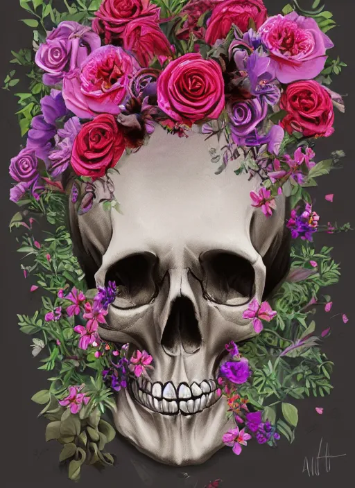 Prompt: A skull surrounded by flowers, digital art, trending on Artstation, ornate