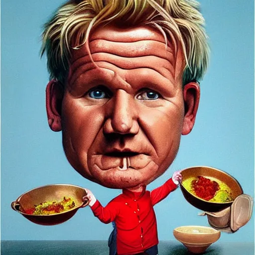 Prompt: highly detailed rendering of gordon ramsay holding a cooking pan above his head in the art style of zdzislaw beksinski
