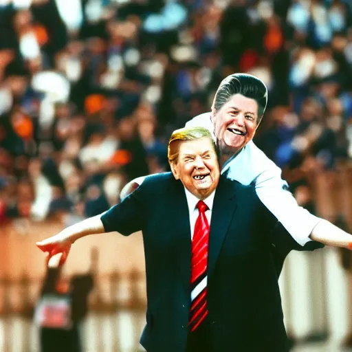 Image similar to dwarf trump getting a piggy - back ride from reagan