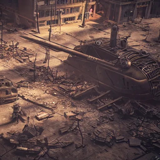 Prompt: giant dieselpunk ant in a destroyed city, 8 k, moody lighting, shallow depth of field,