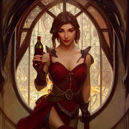 Image similar to elf drinking wine. d & d. fantasy. intricate. elegant. highly detailed. digital painting. artstation. concept art. matte. sharp. focus. illustration. hearthstone. art by artgerm. art by greg rutkowski. art by alphonse mucha