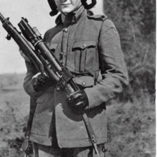 Image similar to old wartime photograph of john lennon holding a lewis gun, 1 9 1 7