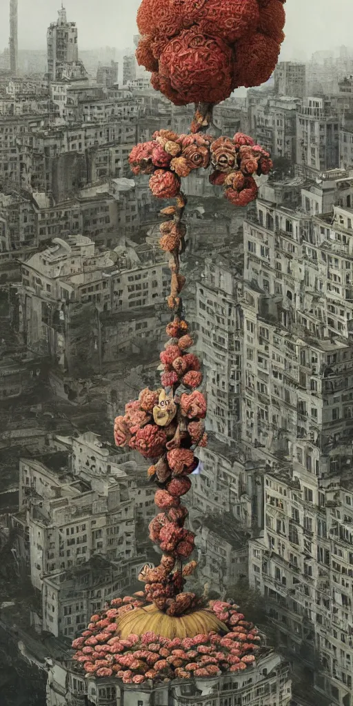 Image similar to giant grotesque flower in the middle of abandoned early soviet constructivist cityscape, Stalinist architecture, ultradetailed by Hayao Miyazaki and Josan Gonzalez and Makoto Shinkai and Giuseppe Arcimboldo and Wes Anderson