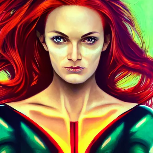 Image similar to jean grey, a half body portrait of jean grey, green eyes, red hair, phoenix, flames, flying, comic, x - men, highly detailed, artstation, symetry, digital painting, vivid colors, realistic shaded perfect face, soft lighting, atmospheric, cinematic, moody, in the style of alex ross, oil on canvas, 8 k