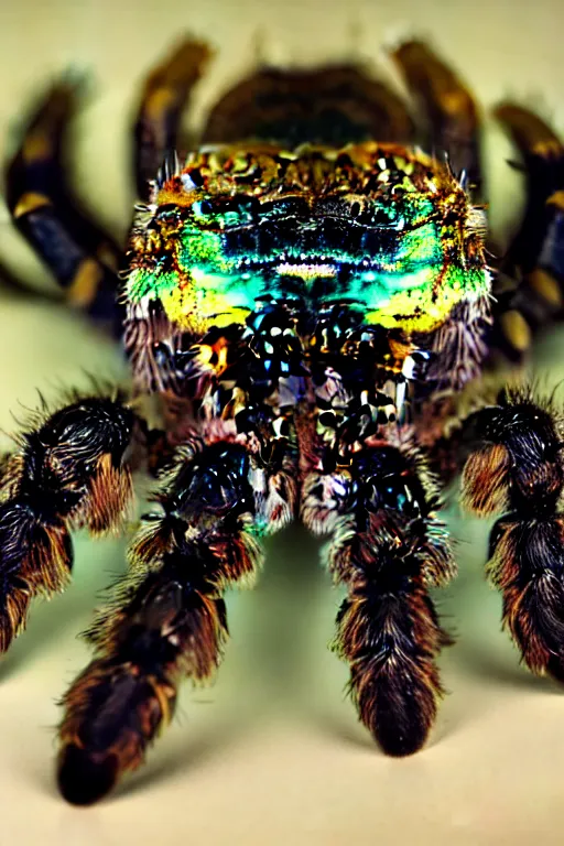 Image similar to high quality macro photo iridescent tarantula! jewelled cute! highly detailed david ligare elson peter cinematic blue lighting high quality low angle hd 8k sharp shallow depth of field