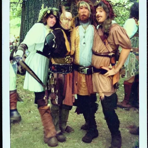 Image similar to polaroid photo from 1998 fantasy cosplay ren-fair of a fellowship at a tavern