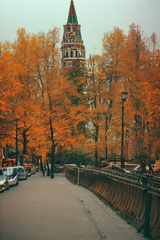 Image similar to a lomographic photo of moscow, autumn, cinestill, bokeh