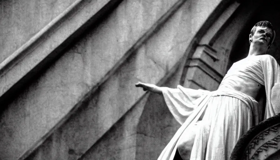 Prompt: 1 9 6 0 s movie still close - up of caligula in a white toga bleeding heavy on ancient stairs, cinestill 8 0 0 t 3 5 mm, high quality, heavy grain, high detail, dramatic light, anamorphic