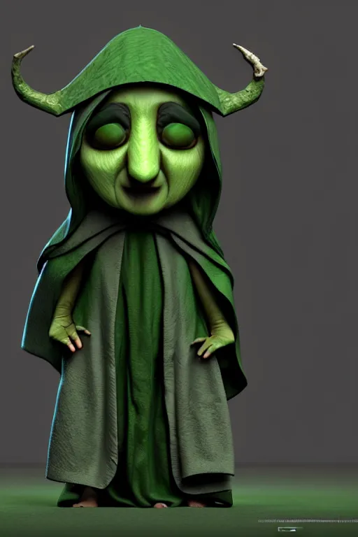 Image similar to A cute shaman with no nose, glowing eyes and a very long hooded dark green cloak of leaves by Julien Kaspar, 3D render, stylized, Cycles Render