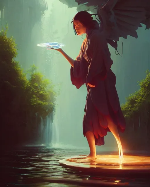 Image similar to highly detailed vfx portrait of a mage casting a water spell, unreal engine, greg rutkowski, loish, rhads, beeple, makoto shinkai and lois van baarle, ilya kuvshinov, rossdraws, tom bagshaw, alphonse mucha, global illumination, detailed and intricate environment