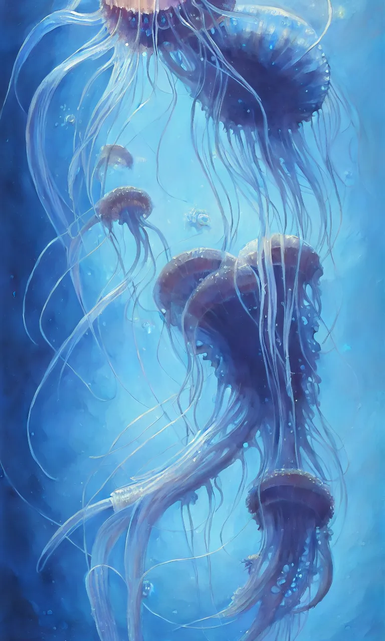 Prompt: detailed jellyfish, blue tones, underwater, full frame, highly detailed, digital painting, artstation, concept art, smooth, sharp focus, illustration, art greg rutkowski and alphonse mucha