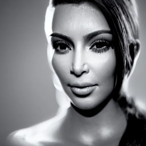 Prompt: kim kardashian faces eternal wisdom through rays of thought, cinematic lighting, dramatic, low contrast