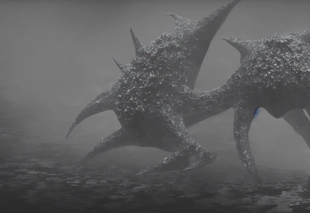 Image similar to light coming out of a bull - like kaiju starfish monster, korean film noir, korean traditional palace, fog, 4 k, video compression, video glitch, monochrome, akira kurosawa