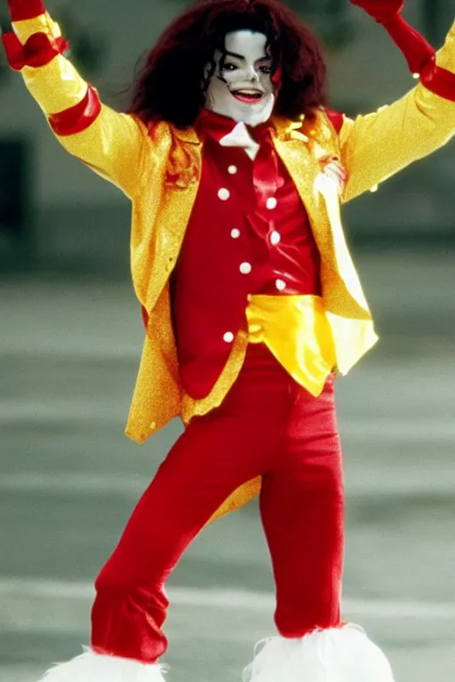 Image similar to film still of michael jackson as ronald mcdonald, full-shot, 4k