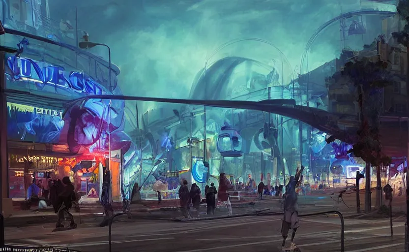 Image similar to people with posters attacking cops, a huge blue spiral - shaped white luminous attractor is floating on the horizon near the sun, stores in los angeles with light screens all over the street, concept art, art for the game, professional lighting, dark night lighting from streetlights, by ilya repin