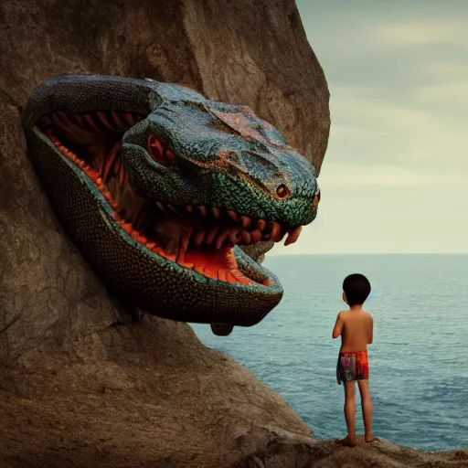 Prompt: a cinematic photo of a boy standing on the edge of a cliff over looking water, coming out of the water is a giant serpent water monster looking at the boy with it's mouth open