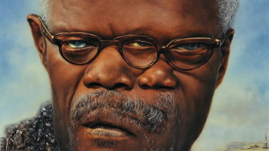 Image similar to portrait of samuel jackson, by alan lee, intricate, smoke trails, lord of the rings calendar, smooth, detailed terrain, oil painting