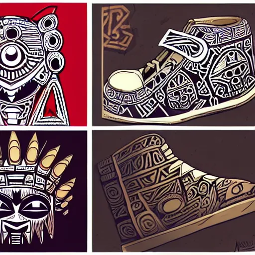 Image similar to detailed sneaker design concept art, aztec mayan street fashion native punk sneaker design, majora's mask, wearing wooden mask, hip hop sneaker design with subtle mayan patterns, gapmoe yandere grimdark, trending on pixiv fanbox, painted by greg rutkowski makoto shinkai takashi takeuchi studio ghibli, akihiko yoshida