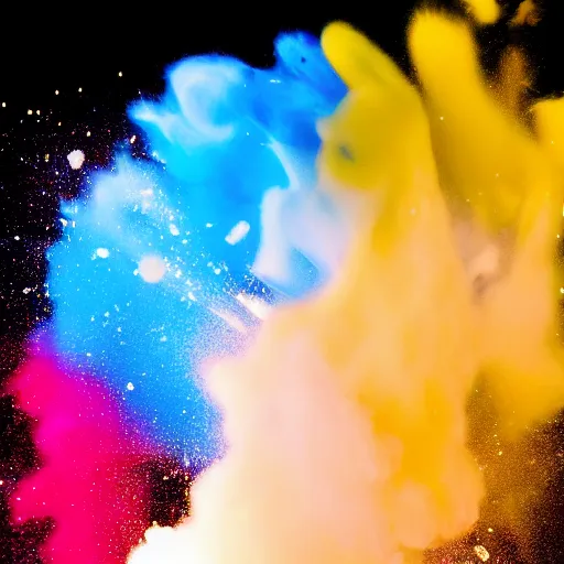 Image similar to A centered explosion of colorful powder on a black background