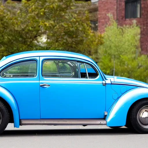 Image similar to a blue beetle car with burgers for wheels m - w 7 6 8