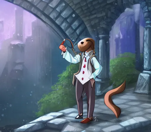 Prompt: A well dressed fursona of an Otter furry is a mage casting a magic spell, highly detailed fantasy anime artwork, ArtStation, pixiv, furaffinity, DeviantArt, impressionist romanticism, epic scenery in stone ruins