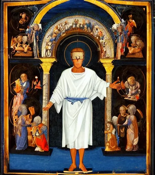 Image similar to hank hill wearing a white toga as the god of propane surrounded by blue fire and blue flames, renaissance religious painting, late gothic religious paintings, byzantine religious art, painting by duccio di buoninsegna and carlo crivelli, trending on artstation
