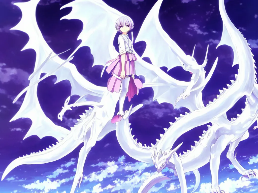 Image similar to anime art full body portrait character concept art, be surrounded by a huge silver white dragon center, in white clouds fairyland, anime key visual of white dragon and girl, finely detailed perfect face delicate, raphael lacoste, trending on pixiv fanbox, james jean, violet evergarden, studio ghibli, xision, extremely high quality artwork