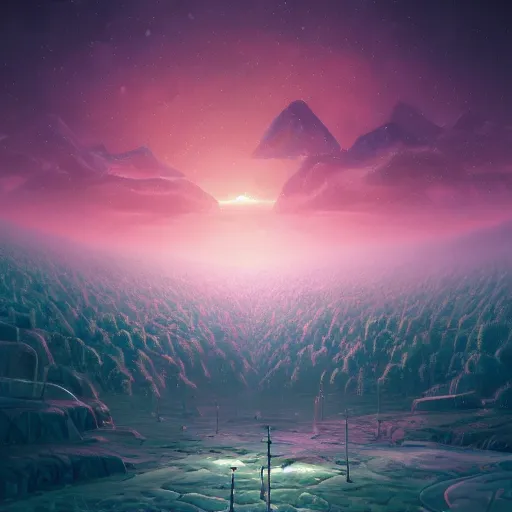 Prompt: a crystalline valley on a strange planet in the style of simon stalenhag and cyril rolando and canaletto.