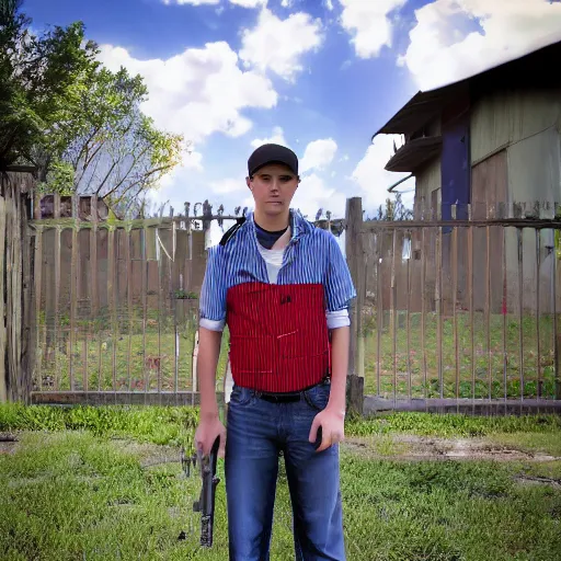 Image similar to Young man standing looking to the right in a red bandana, blue striped shirt, gray vest and a gun with a partly cloudy sky in the background. The young man is standing in front of an iron fence. Photograph. Real life