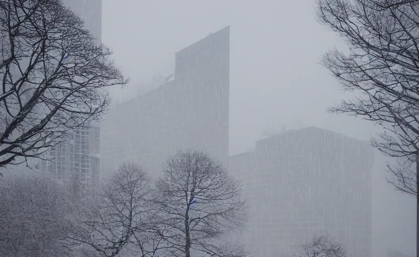 Image similar to snow falling on brutalist high rise buildings, complex ramps, balconies, stairways, white marble statues on pedestals in the background, depth of field, sharp focus, clear focus, beautiful, award winning architecture, le corbusier, frank lloyd wright, snow, fog, mist, hopeful, quiet, calm, serene