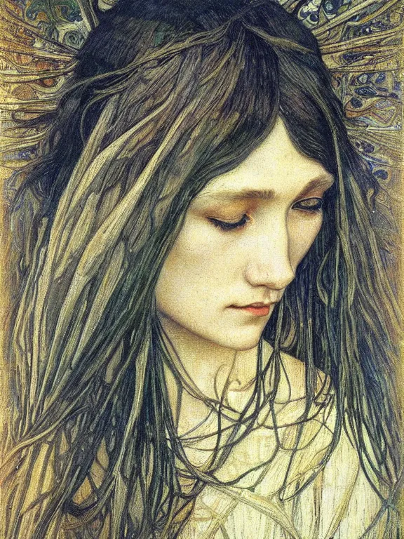 Image similar to detailed realistic beautiful young medieval queen face portrait by jean delville, alphonse mucha, vincent van gogh, and marco mazzoni, art nouveau, symbolist, visionary, gothic, pre - raphaelite