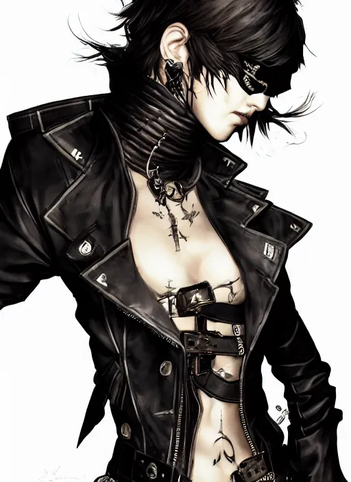 Image similar to Half body portrait of young woman with short hair, eyepatch and ornate leather jacket, pirate attire. In style of Yoji Shinkawa and Hyung-tae Kim, trending on ArtStation, dark fantasy, great composition, concept art, highly detailed, dynamic pose.