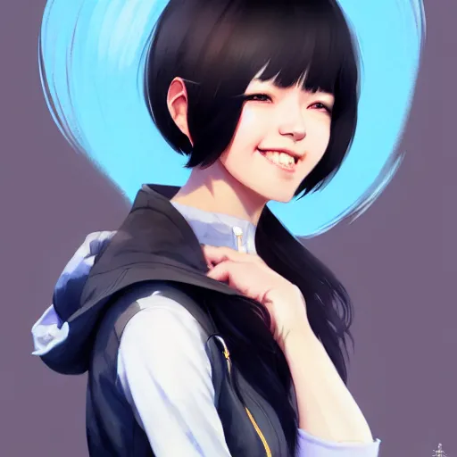 Image similar to character design portrait of a smile grocery asia woman ， black hair, wearing a down jacket, looking at the camera, 4 k, concept art, by wlop, wenjun lin, watercolor, ilya kuvshinov, artgerm, krenz cushart, pixiv.