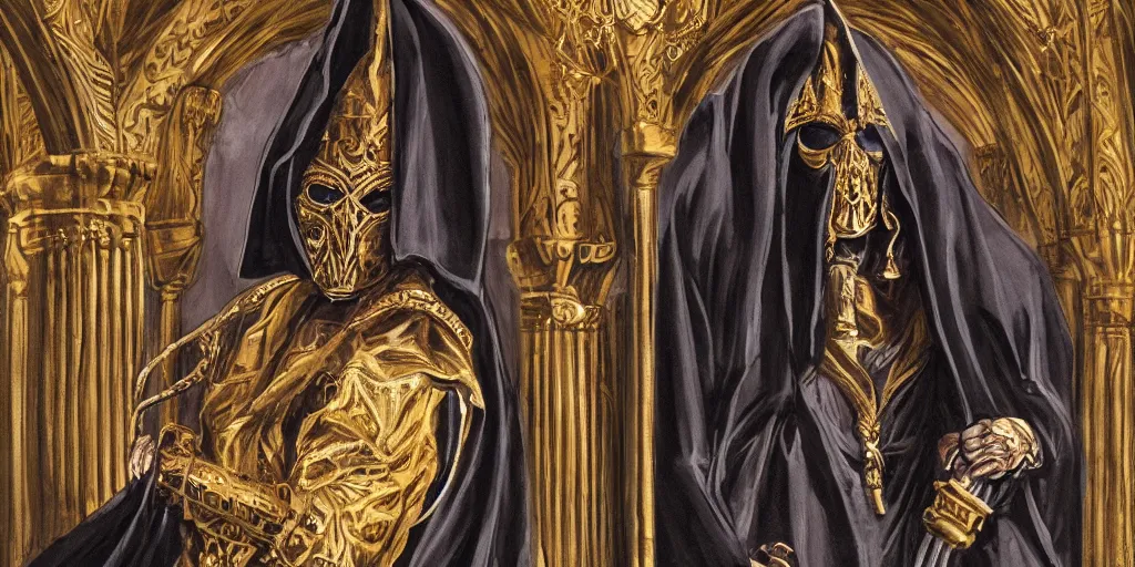 Prompt: a dark hooded cultist high priest , flowing robes made of obsidian and gold, ornate mask and fabrics, cinematic, epic, grandeur, large scale, tall ceilings, archways