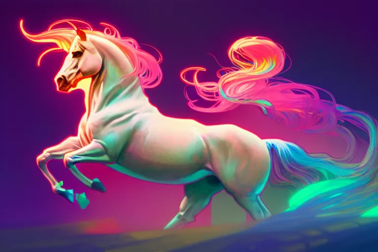 Prompt: wide angle shot of a beautiful neon radiant unicorn, alphonse mucha, rhads, ross tran, artstation, artgem, octane render, 1 6 k