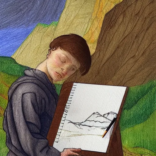 Image similar to brunette boy with his eyes closed, drawing sketches on his notebook, colorful painting, elegant, clear, in the style of leonardo da vinci, mountains in the background, masterpiece,