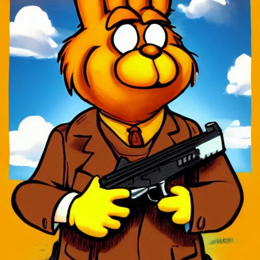 Prompt: Garfield holding a glock, gun,