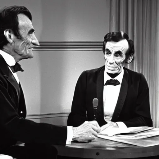 Prompt: high resolution black and white photo of Abraham Lincoln being interviewed on the ed sullivan show in 1968