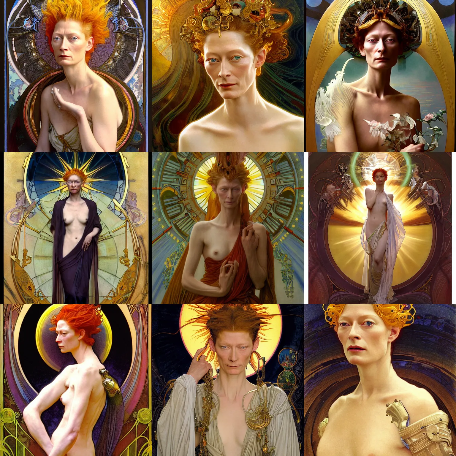 Prompt: stunning, breathtaking, awe-inspiring award-winning concept art nouveau painting of attractive Tilda Swinton as the goddess of the sun, with anxious, piercing eyes, by Alphonse Mucha, Michael Whelan, William Adolphe Bouguereau, John Williams Waterhouse, and Donato Giancola, cyberpunk, extremely moody lighting, 8K