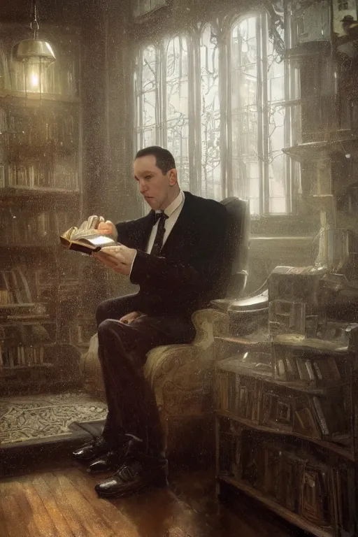 Image similar to , h p lovecraft reading an ancient tome at a victorian study hyperrealistic portrait, bladerunner street, art of elysium by jeremy mann and alphonse mucha and greg rutkowski, fantasy art, photo realistic, dynamic lighting, artstation, poster, volumetric lighting, very detailed face, 4 k, award winning