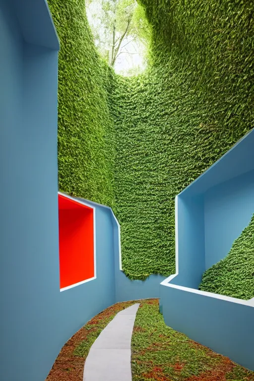 Image similar to colorful James Turrell interiors , overgrown by kudzu vines