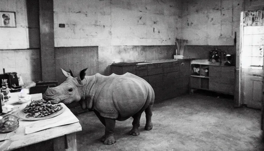 Image similar to a rhinoceros in a burning stalinist style kitchen, mini dv camera found footage, very very low quality picture, heavy grain, caught on security camera, heavy jpeg artifact, night vision very blurry, caught on trail cam, 1 4 4 p, ultra wide lens