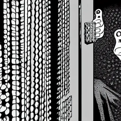 Image similar to close-up scene neighbor holding a drill and drilling holes in a room, all wall is drilled with holes, manga, black and white manga horror in style of junji ito, kentaro miura