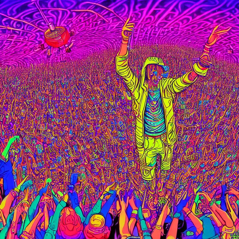 Prompt: rapping on stage at festival, holding microphone, giant crowd, epic pose, happy, psychedelic, hip hop, surreal, neon, vaporwave, detailed, illustrated by Alex Grey, 4k